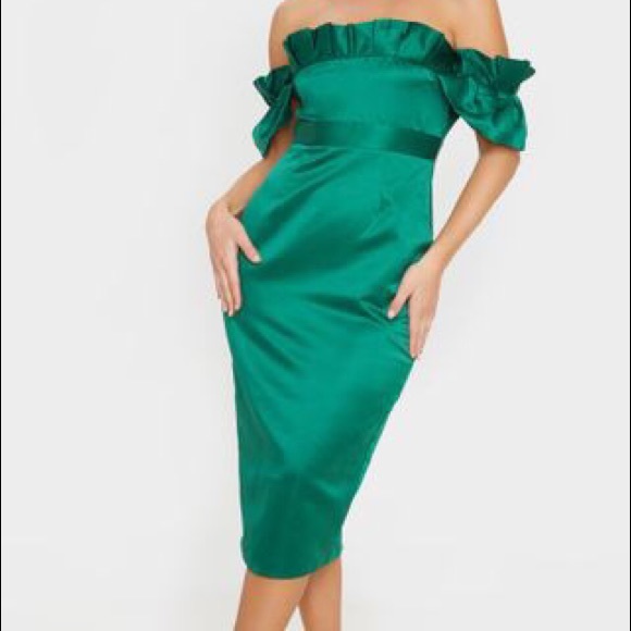 green satin pleated dress